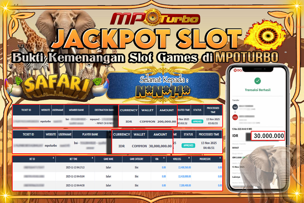 MPOTURBO JACKPOT SAFARI - AFB GAMING Rp 30,000,000.00,- LUNAS